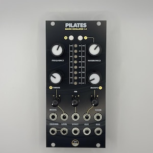 May include: Black electronic synthesizer module labeled "PILATES Macro Oscillator 1.2." Features include knobs for frequency, harmonics, timbre, and morph, along with various input and output jacks. The module has a sleek, modern design with white text and accents.