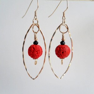 Valentine, Red Cinnabar Earrings, Black Spinel Sterling Silver Marquise Women&#39;s Hoop Earrings, Boho, Red, Gift for her