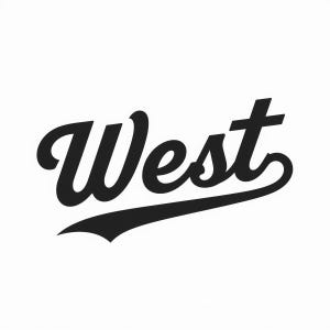 Op de afbeelding: Zwart woord "West" in cursief schrift, met een gebogen onderstreping, op een witte achtergrond. De letters zijn vet en stijlvol, vergelijkbaar met een sportteamlogo of een retro-ontwerp.