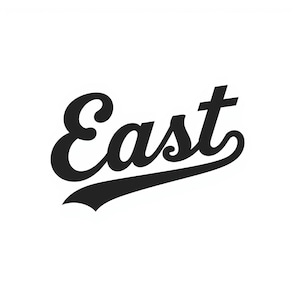 Könnte beinhalten: Schwarzer Schriftzug "East" auf weißem Hintergrund. Das Wort ist in einer kursiven Schriftart mit einem Schwanz, der sich vom "t" erstreckt. Die Schriftart ist fett und der Text ist zentriert.