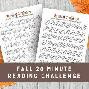 Può includere: Due fogli di carta bianca per sfide di lettura con contorni neri. Un foglio presenta foglie d'acero con il testo Reading Challenge Color 1 leaf for every 20 minutes spent reading. L'altro presenta palloni da football con il testo Reading Challenge Color 1 football for every 20 minutes spent reading.