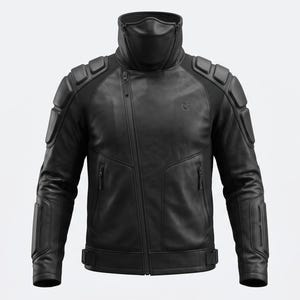 May include: A black motorcycle jacket featuring a high collar with an integrated face mask, an asymmetrical front zipper, and protective padding on the shoulders and forearms. The jacket has a smooth finish with adjustable waist straps.