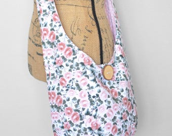 Pink Floral Cotton Hobo Bag: Handmade Bohemian Crossbody Purse