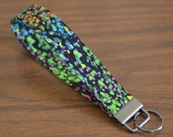 Rainbow Speckles Fabric Key Fob Wristlet: Cotton Key Lanyard