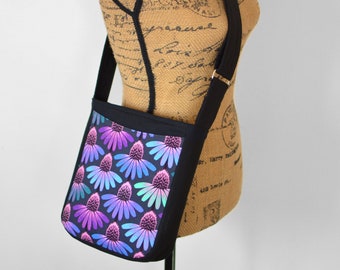 Echinacea Floral Hobo Bag: Cotton Crossbody with Adjustable Strap