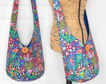 Cotton Hobo Bag Crossbody Bag Fabric Hippie Purse Boho Purse Cloth Bohemian Sling Bag Gypsy Slouchy Purse Shoulder Bag Atlantis Sally Kelly