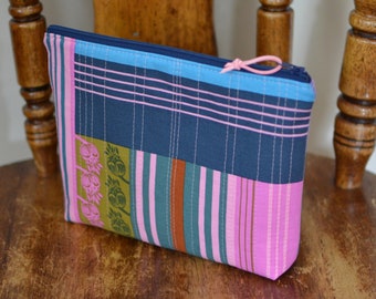 Quilted Zipper Pouch: Floral Striped Cotton Fabric, Toiletry Bag