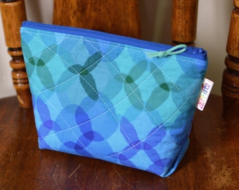 Quilted Zipper Pouch: Geometric Cotton Fabric, Blue & Green