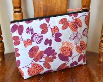 Quilted Zipper Pouch: Handmade Cotton Fabric, Butterfly Design