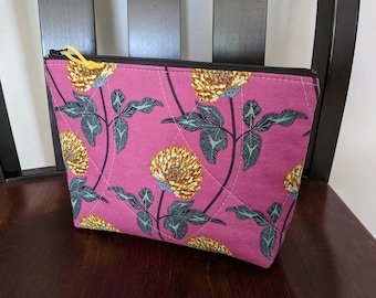 Quilted Zipper Pouch: Floral Cotton Cosmetic Bag, Pencil Case