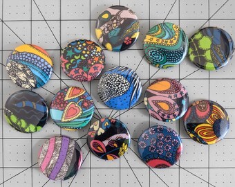 Psychedelic Fabric Pin Back Buttons 1.5 Inch Fabric Button Pins for Bags and Backpacks Jackets Handmade From Fabric Scraps Choose Your Own