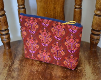 Quilted Zipper Pouch: Floral Geometric Cotton Fabric, Handmade