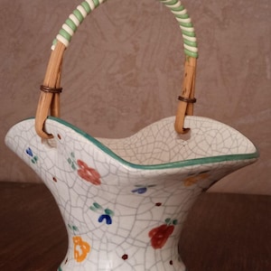 Vintage French Ceramic Basket Candy Dish, Kanderbe Pottery, Decorative Basket Vase, 1960s Cottage Decor