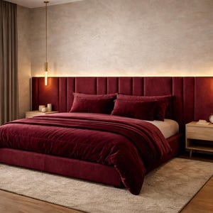 Op de afbeelding: Een luxe slaapkamer met een bordeaux fluwelen bed, bijpassend beddengoed en een gewatteerd hoofdbord. De kamer heeft twee nachtkastjes, een beige tapijt en gouden hanglampen. De algehele sfeer is modern en elegant.