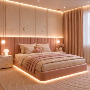 Op de afbeelding: Een luxe slaapkamer met een roze gestoffeerd bedframe en hoofdbord. De kamer heeft een zacht, neutraal kleurenpalet met een zacht tapijt, gordijnen en decoratieve verlichting. Het bed is versierd met kussens en een deken.
