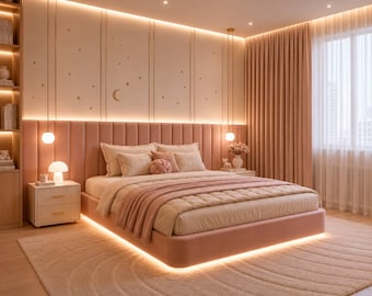 Paneles de pared tapizados en terciopelo a medida, cabecero modular, decoración suave para el dormitorio.