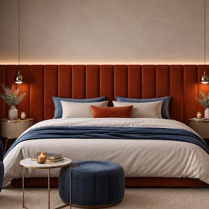 Op de afbeelding: Een slaapkamer met een groot, verticaal gestreept, roestoranje gestoffeerd hoofdeinde, een bed met wit beddengoed en een marineblauwe sprei, twee ronde nachtkastjes met lampen, een marineblauwe fauteuil, een marmeren tafeltje en een poef.