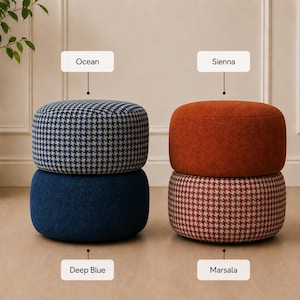 May include: Two upholstered ottomans. One is deep blue with a houndstooth pattern in white and navy, labeled "Ocean" and "Deep Blue". The other is sienna with a houndstooth pattern in red and white, labeled "Sienna" and "Marsala".