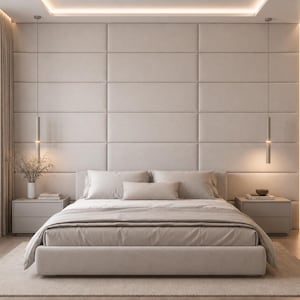 Peut inclure: Une chambre avec un lit à la literie beige, placé contre un mur recouvert de grands panneaux rectangulaires rembourrés beiges. Deux tables de chevet assorties avec des suspensions, un vase avec des branches et des livres sont visibles.