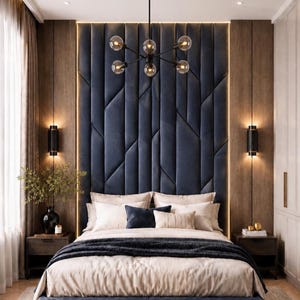 May include: A bedroom featuring a tall, dark blue upholstered headboard with vertical geometric paneling and integrated LED lighting. The bed is dressed in light beige bedding with a dark blue throw blanket, complemented by two dark wood nightstands.
