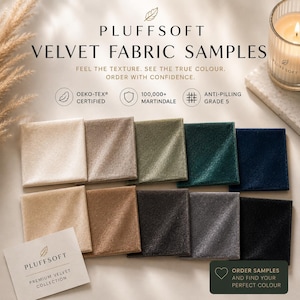 May include: A set of Pluffsoft velvet fabric samples in various colors including cream, beige, olive, emerald, navy, tan, brown, charcoal, and black. The display includes text labels for Oeko-Tex certification, 100,000+ Martindale, and anti-pilling grade 5.