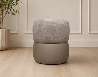 Otomana redonda moderna, reposapiés tapizado, taburete auxiliar minimalista Japandi, otomana de piel sintética neutra para sala de estar.