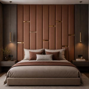 Könnte beinhalten: Ein Schlafzimmer mit einem großen Bett, einer beigen Bettdecke und einer braunen Tagesdecke, das vor einem hohen Kopfteil mit vertikalen Paneelen in warmem Braunton mit integrierten goldfarbenen Metallakzenten und zwei Hängeleuchten steht.