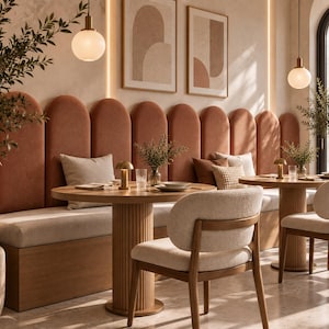 May include: A long, arched, terracotta-colored velvet banquette seat with a light beige cushion, paired with two round wooden tables featuring fluted pedestals and cream-colored upholstered chairs with curved wooden backrests.
