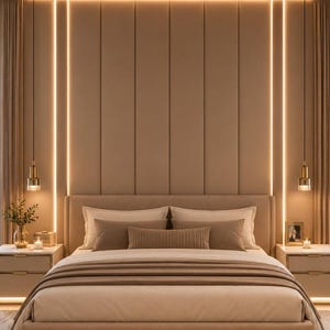 May include: A bedroom featuring a bed with a beige upholstered headboard and frame, layered with beige and brown bedding. Two bedside tables with gold accents flank the bed, each topped with a pendant light and warm vertical LED strip lighting.