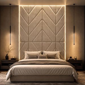 Puede incluir: Un dormitorio moderno con un cabecero tapizado beige con patrones geométricos e iluminación integrada. La cama está hecha con ropa de cama de tonos neutros, flanqueada por mesitas de noche de madera oscura y lámparas colgantes minimalistas.