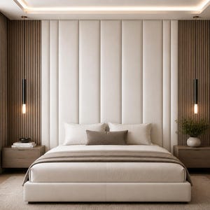 Op de afbeelding: Een slaapkamer met een groot bed met wit beddengoed en een bruine sprei, gecentreerd tegen een hoog hoofdeinde met verticale panelen. Twee houten nachtkastjes flankeren het bed, elk voorzien van een slanke, zwarte hanglamp en decoratieve items.