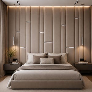Puede incluir: Un dormitorio con una cama grande, ropa de cama beige y cojines marrones. El cabecero consta de paneles beige verticales, acolchados y altos, con tiras metálicas plateadas horizontales integradas e iluminación cálida empotrada.