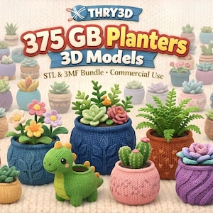 Könnte beinhalten: Ein Bild, das eine Sammlung von 3D-Modell-Pflanzgefäßen zeigt. Die Pflanzgefäße sind in verschiedenen Farben und Stilen gehalten, darunter ein dinosaurierförmiger Pflanztopf und andere mit Strickstrukturen. Der Text "375 GB Planters 3D Models" ist enthalten.