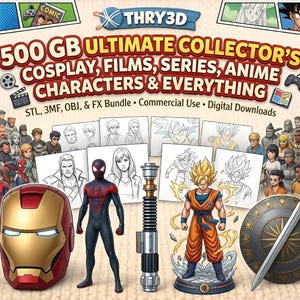 Könnte beinhalten: Werbung für ein digitales Bundle mit Cosplay, Filmen, Serien, Anime-Charakteren und mehr. Das Bild enthält 3D-Modelle von Iron Mans Helm, einer Miles Morales-Figur, einem Lichtschwert und einer Goku-Figur. Der Text lautet "500 GB Ultimate Collector's".