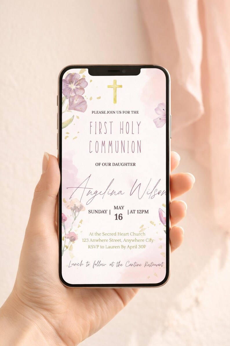 First Communion Invitation Girl Editable Template, Catholic Pink Gold ...