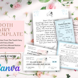 May include: A collection of Tooth Fairy themed stationery templates, including a letter, check, missed notice, and receipt. The designs feature whimsical illustrations and the Canva logo. Floral accents and text are visible.