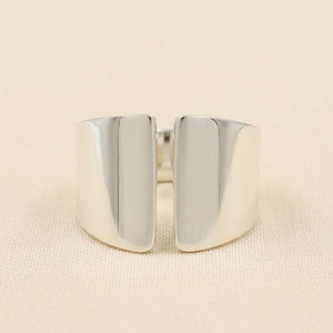 May include: A silver ring with a modern design. The ring features a split band with two rectangular, polished silver sections. The ring is set against a neutral background, highlighting its sleek, minimalist aesthetic.