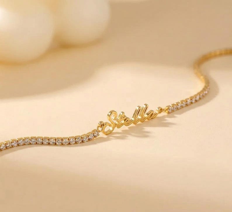Custom Name Tennis Bracelet – Gold Crystal Chain, Dainty Script ...