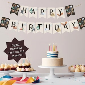 May include: A birthday party scene with a banner that reads "Happy Birthday". The banner has dragon illustrations. A two-tiered cake with blue stripes and candles is on a white cake stand. Cupcakes and other desserts are also present.
