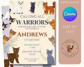 Invitación de cumpleaños inspirada en el gato guerrero (plantilla editable)