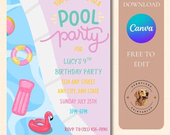 Invitación a fiesta en la piscina rosa, cumpleaños infantil editable, plantilla de Canva (descarga digital)