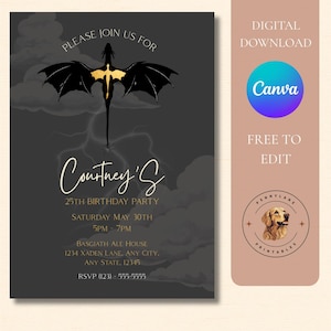 Op de afbeelding: Een donkergrijze verjaardagsuitnodiging met een zwart draak-silhouet met gouden accenten tegen een bewolkte, bliksemrijke lucht. De tekst luidt: PLEASE JOIN US FOR, Courtney's 25th BIRTHDAY PARTY, SATURDAY MAY 30TH, 5PM - 7PM, BASGIATH ALE HOUSE, 1234 XADEN LANE, ANY CITY, ANY STATE, 12345, RSVP (123) - 555-5555.
