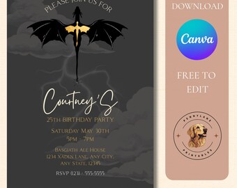 Invitación de cumpleaños inspirada en Fourth Wing, plantilla editable