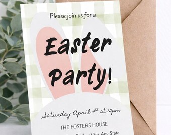 Plantilla de invitación para fiesta de Pascua con conejito / Canva editable (descarga digital)