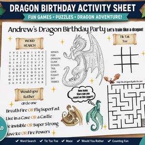 Könnte beinhalten: Ein druckbares Aktivitätsblatt zum Geburtstag mit Drachenmotiven, mit lustigen Spielen, Rätseln und Drachenabenteuern. Enthält eine Wortsuche, Tic-Tac-Toe, ein Labyrinth und "Would You Rather"-Fragen. Mit Drachenillustrationen.