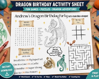 Hoja de actividades de cumpleaños de Alas de Fuego (plantilla editable de Canva) / Juegos para fiestas de dragones (imprimibles) / Mantel individual de cumpleaños infantil / Descarga instantánea en PDF