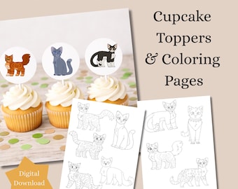 Adornos para cupcakes y páginas para colorear de "Gato Guerrero" (descarga digital)