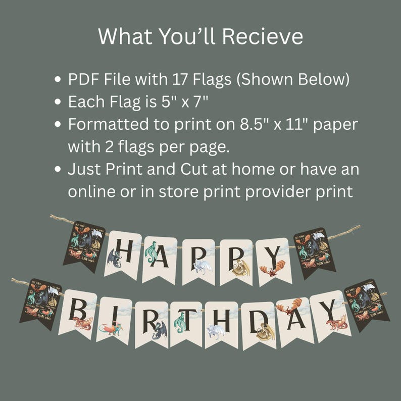 May include: A printable "Happy Birthday" banner with dragon illustrations. The banner includes flags that are 5" x 7" and the text "HAPPY BIRTHDAY". The banner is formatted to print on 8.5" x 11" paper.