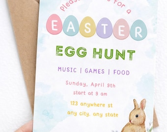 Invitación a la búsqueda de huevos de Pascua, invitación editable de Canva, descarga digital