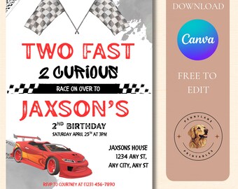 Invitación de coche de carreras "Two Fast 2 Curious", plantilla de cumpleaños editable en Canva